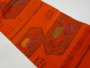 リサイクル　手織り紬抽象横縞に亀甲模様織出し名古屋帯